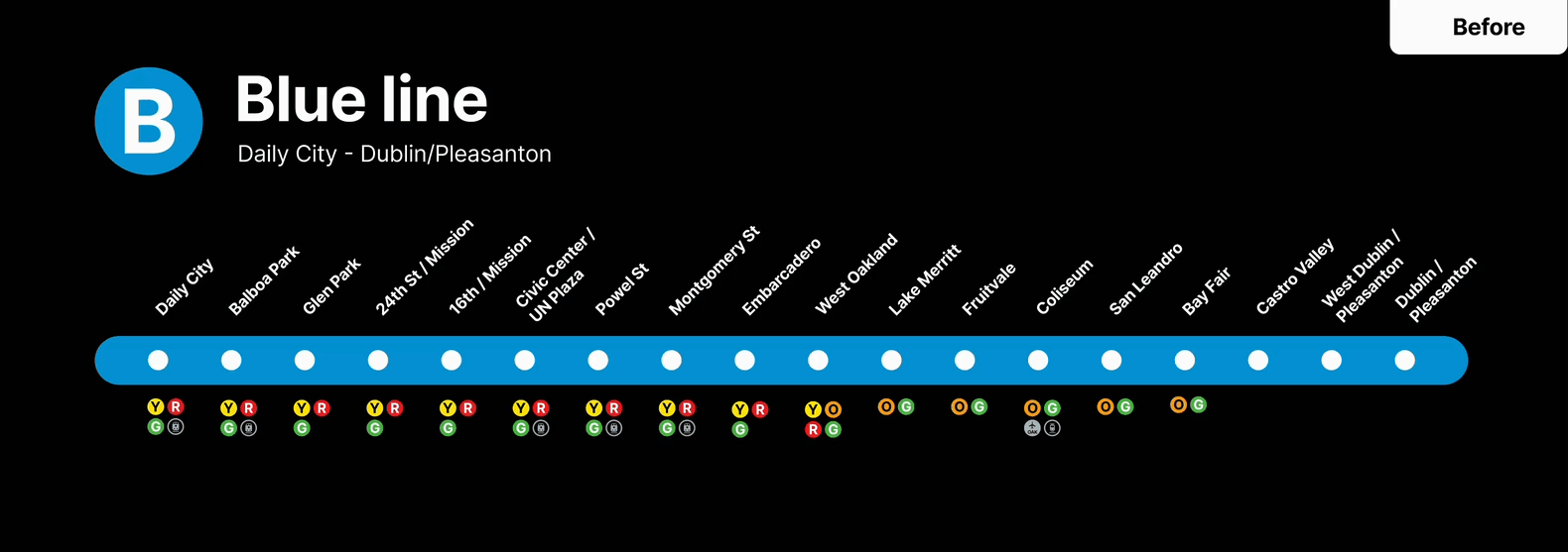 Apple Maps before and after comparison showing Blue line integration