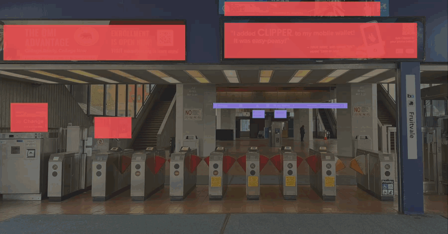 Documentation of station signage — red marks for distracting ads, blue marks for directional signs