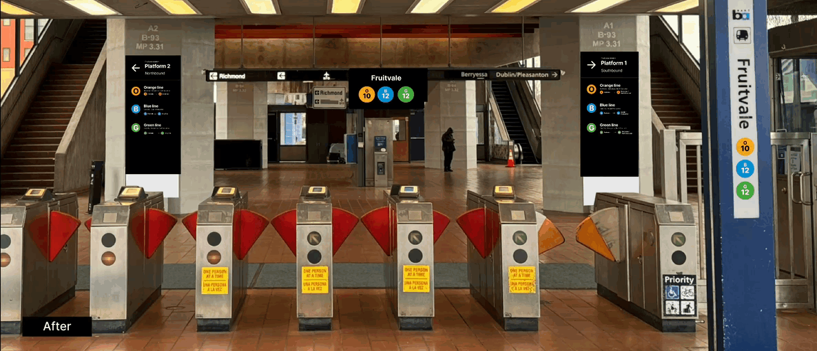 Redesigned Fruitvale station with color-coded wayfinding and numbered stops